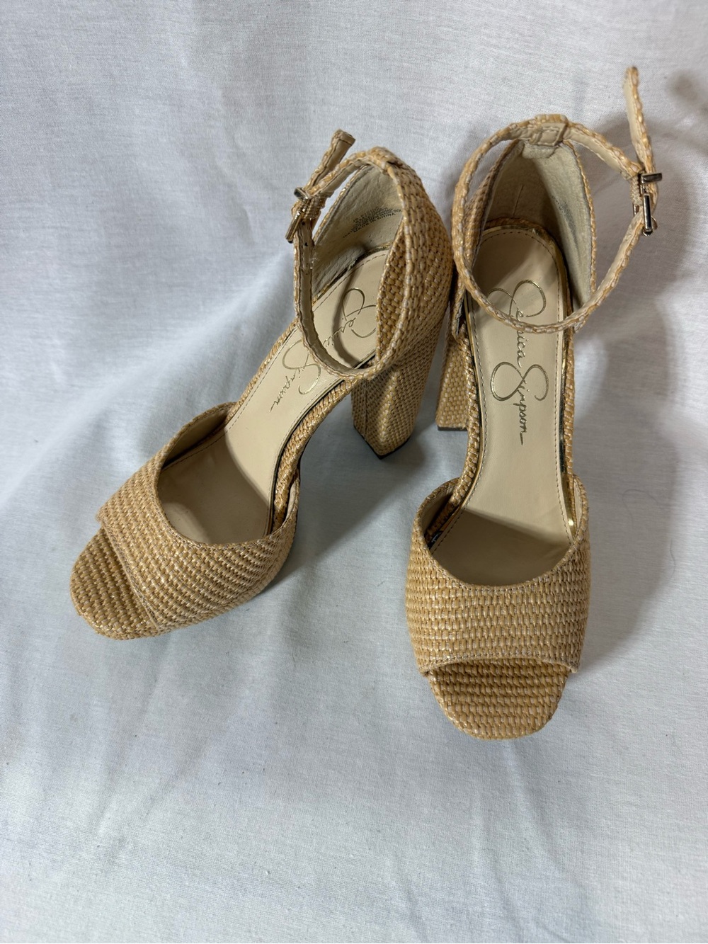 Jessica Simpson Tan Woven Ankle-Strap Block Heel Sandals Size 8